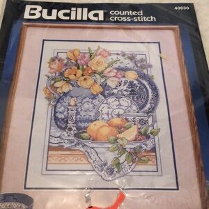 Bucilla counted  cross stitch willowware classic 11 x 14” NIP bowl fruit floral